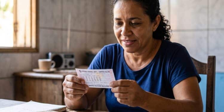 Mulher de camiseta azul segura bilhete da Loteria Federal com notas de reais sobre mesa de madeira