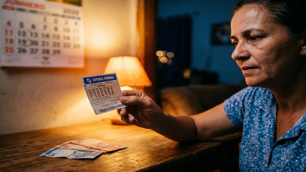 Mulher de meia-idade observa bilhete da Loteria Federal com dinheiro e calendário de junho ao fundo