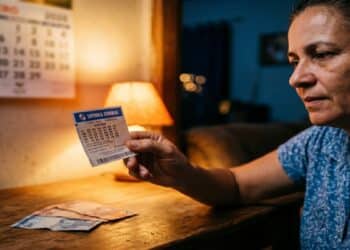Mulher de meia-idade observa bilhete da Loteria Federal com dinheiro e calendário de junho ao fundo