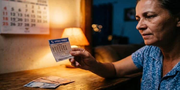 Mulher de meia-idade observa bilhete da Loteria Federal com dinheiro e calendário de junho ao fundo