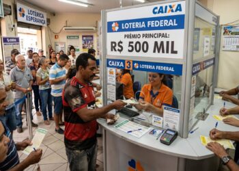 Pessoas em fila aguardam atendimento em lotérica com placa do prêmio de R$ 500 mil