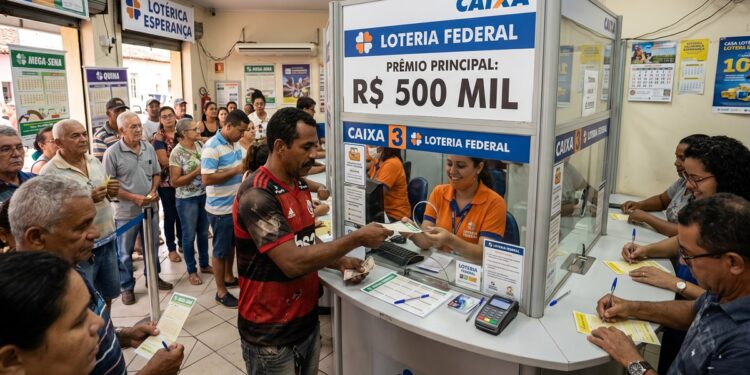 Pessoas em fila aguardam atendimento em lotérica com placa do prêmio de R$ 500 mil