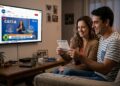 Casal sentado no sofá observa bilhete da Loteria Federal enquanto assiste ao sorteio da Caixa na TV