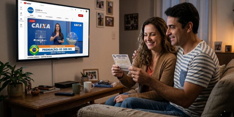 Casal sentado no sofá observa bilhete da Loteria Federal enquanto assiste ao sorteio da Caixa na TV