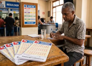 Homem escreve bilhete da Loteria Federal em mesa de madeira na lotérica, com cartelas à frente