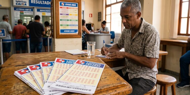 Homem escreve bilhete da Loteria Federal em mesa de madeira na lotérica, com cartelas à frente