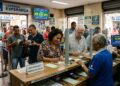 Pessoas de diferentes idades fazem fila e preenchem bilhetes em lotérica para o sorteio de R$ 500 mil