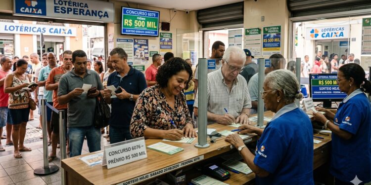 Pessoas de diferentes idades fazem fila e preenchem bilhetes em lotérica para o sorteio de R$ 500 mil