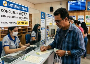 Homem escreve bilhete na lotérica para o concurso 6077 da Loteria Federal, prêmio de R$ 500 mil