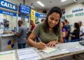 Mulher sorrindo preenche bilhete da Caixa em lotérica cheia, cartaz do concurso 6078 ao fundo