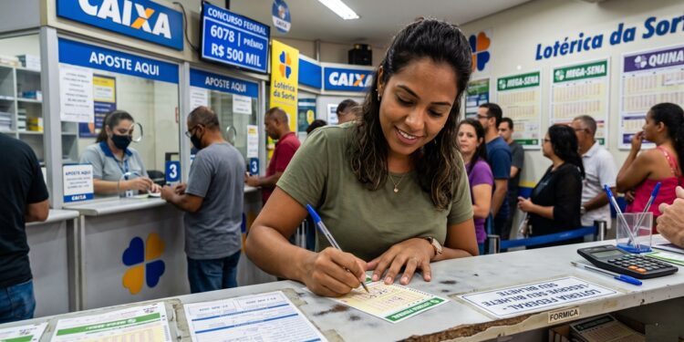 Mulher sorrindo preenche bilhete da Caixa em lotérica cheia, cartaz do concurso 6078 ao fundo