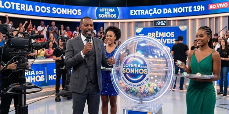 Apresentador anuncia sorteio da Loteria dos Sonhos com urna de bolas e plateia animada ao fundo.