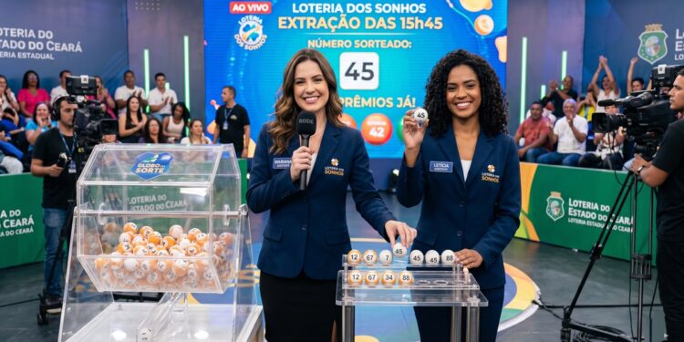 Apresentadoras mostram bola 45 durante sorteio ao vivo da Loteria dos Sonhos no Ceará