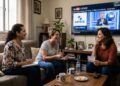 Três mulheres em sala assistem ao sorteio LOTECE 24/06 na TV, sorrindo e conferindo o bilhete.