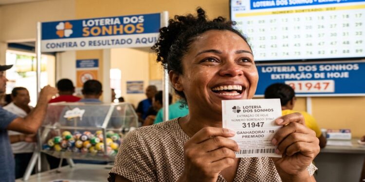 Mulher sorridente segura bilhete ganhador da Loteria dos Sonhos número 31947 em casa lotérica do Ceará