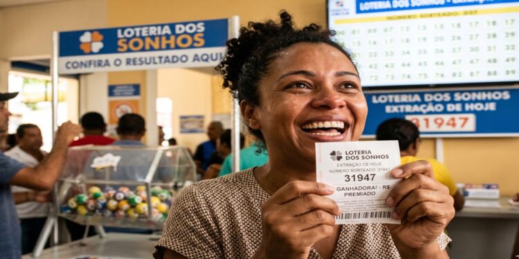 Mulher sorridente segura bilhete ganhador da Loteria dos Sonhos número 31947 em casa lotérica do Ceará