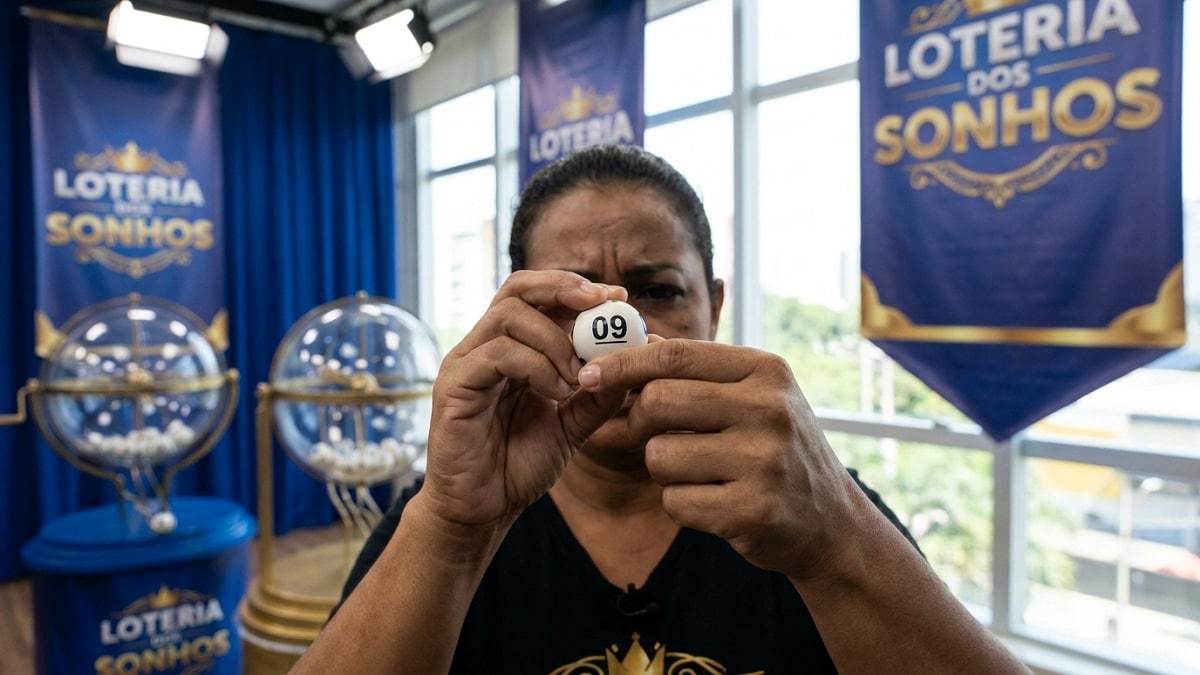 Mulher segurando bola 09 durante sorteio ao vivo da Loteria dos Sonhos com globos no fundo