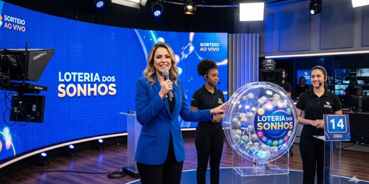 Apresentadora anuncia sorteio da Loteria dos Sonhos ao vivo com máquina de bolas e equipe no estúdio