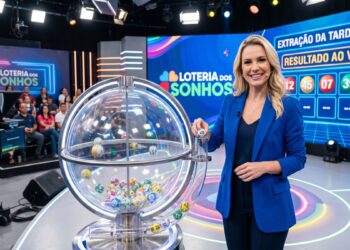 Mulher loira sorrindo revela bola sorteada em estúdio da Loteria dos Sonhos com plateia ao fundo