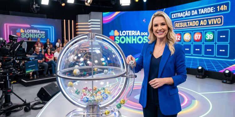 Mulher loira sorrindo revela bola sorteada em estúdio da Loteria dos Sonhos com plateia ao fundo