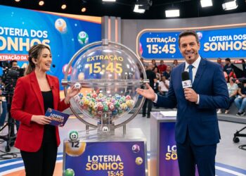 Apresentadores em estúdio exibem globo de sorteio da Loteria dos Sonhos com bolas numeradas