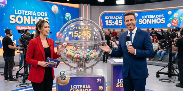 Apresentadores em estúdio exibem globo de sorteio da Loteria dos Sonhos com bolas numeradas