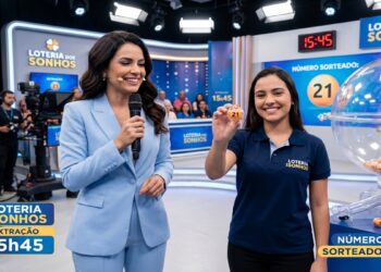 Apresentadora ao lado de funcionária que exibe bola número 21 em sorteio da Loteria dos Sonhos