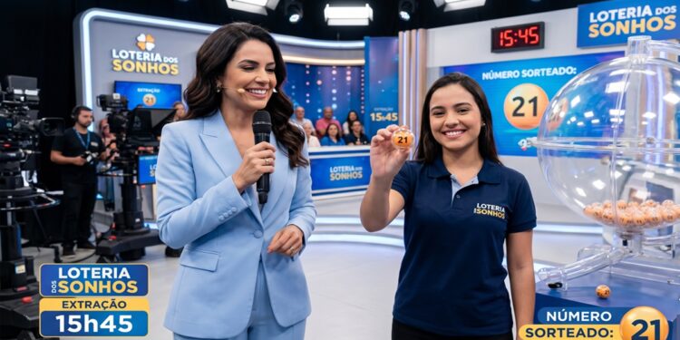 Apresentadora ao lado de funcionária que exibe bola número 21 em sorteio da Loteria dos Sonhos