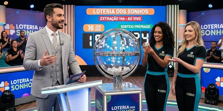 Apresentador e duas assistentes mostram a bola 24 no sorteio ao vivo da Loteria dos Sonhos às 14h.