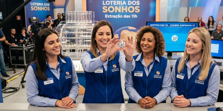 Quatro apresentadoras sorrindo, uma exibe a bola sorteada número 37 da Loteria dos Sonhos