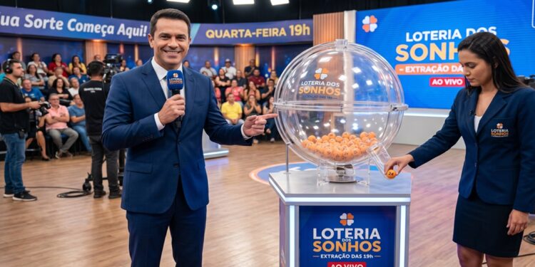 Apresentador sorri ao lado de globo de bolinhas e assistente exibe bola da Loteria dos Sonhos