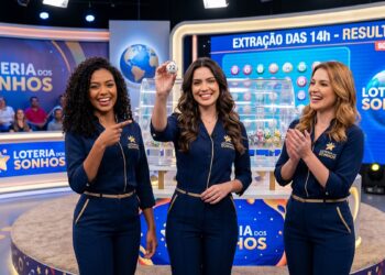 Três apresentadoras da Loteria dos Sonhos exibem e apontam a bola 72 durante sorteio ao vivo