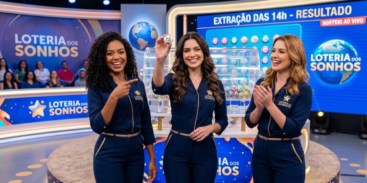 Três apresentadoras da Loteria dos Sonhos exibem e apontam a bola 72 durante sorteio ao vivo