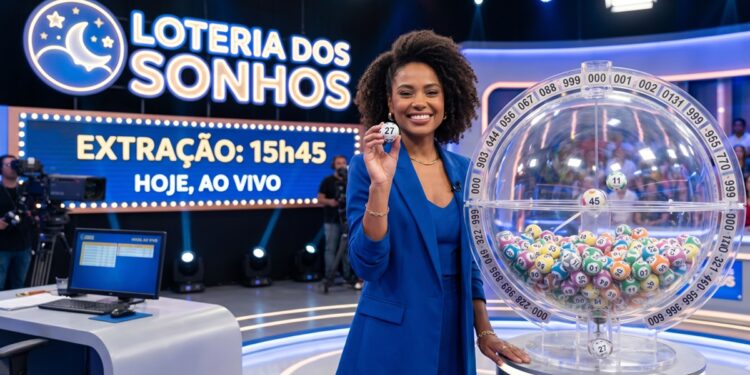 Apresentadora sorridente em estúdio segura bola 27 durante sorteio da Loteria dos Sonhos