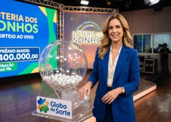 Apresentadora loira em estúdio conduz sorteio da Loteria dos Sonhos ao lado de globo transparente com bolas numeradas
