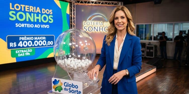 Apresentadora loira em estúdio conduz sorteio da Loteria dos Sonhos ao lado de globo transparente com bolas numeradas