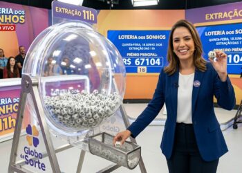Apresentadora exibe bola sorteada número 18 no sorteio ao vivo Loteria dos Sonhos 11h