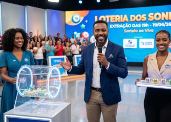 Três apresentadores da Loteria dos Sonhos mostram bolas sorteadas 19, 06, 26 e 08 em estúdio colorido