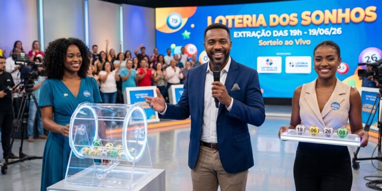 Três apresentadores da Loteria dos Sonhos mostram bolas sorteadas 19, 06, 26 e 08 em estúdio colorido