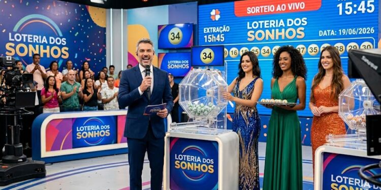 Apresentador anuncia sorteio da Loteria dos Sonhos ao vivo com assistentes em vestidos coloridos e painel digital