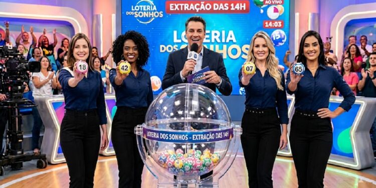Quatro mulheres exibem bolas 18, 42, 07 e 65 ao lado de apresentador com microfone, cenário de Loteria dos Sonhos