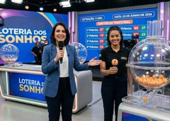 Apresentadora e assistente mostram bola número 7 durante sorteio da Loteria dos Sonhos, painel de resultados ao fundo