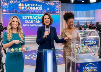 Três mulheres apresentam o resultado da Loteria dos Sonhos, segurando bolas e microfone ao vivo no estúdio