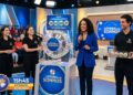 Apresentadora e equipe exibem bolas com números sorteados 15, 42, 68 e 91 na Loteria dos Sonhos das 15h45