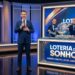 Apresentador e três assistentes realizam sorteio da Loteria dos Sonhos em estúdio azul, mesa com globos e bolas numeradas