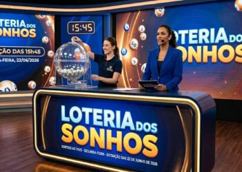 Duas mulheres apresentam o sorteio da Loteria dos Sonhos, uma operando o globo de bolas e outra lendo os resultados.