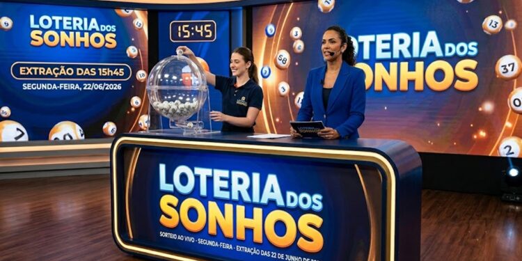 Duas mulheres apresentam o sorteio da Loteria dos Sonhos, uma operando o globo de bolas e outra lendo os resultados.