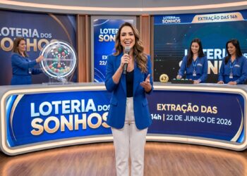 Apresentadora anuncia o resultado da Loteria dos Sonhos, com equipe feminina operando globos e números no estúdio azul