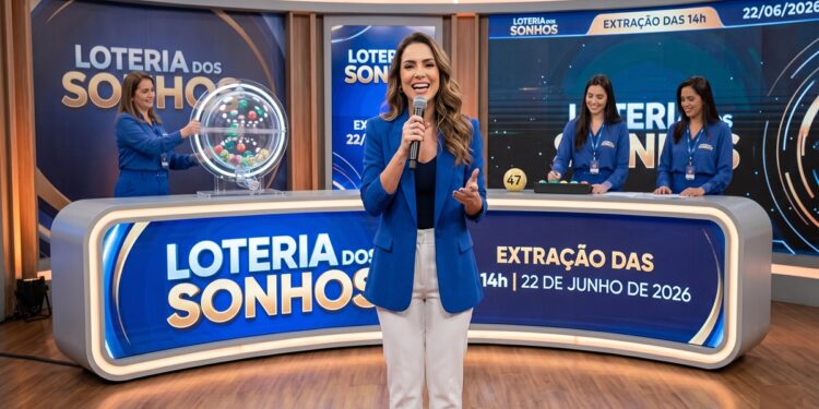 Apresentadora anuncia o resultado da Loteria dos Sonhos, com equipe feminina operando globos e números no estúdio azul