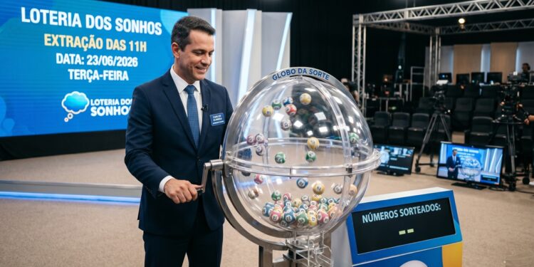 Homem de terno azul operando globo da sorte em estúdio de loteria, painel mostra data e horário